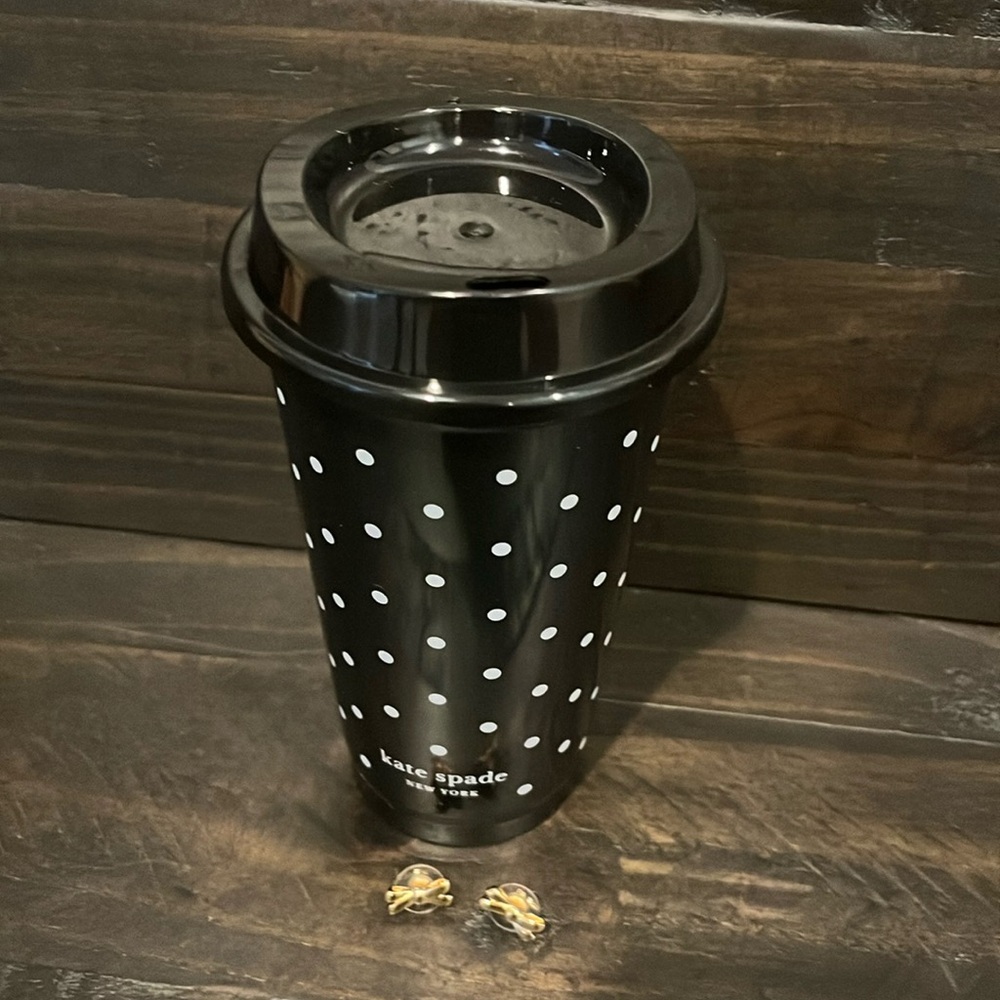 Kate Spade Gold Double Bow Earrings and 12 oz Reusable Plastic Coffee Cup - Picture 4 of 6